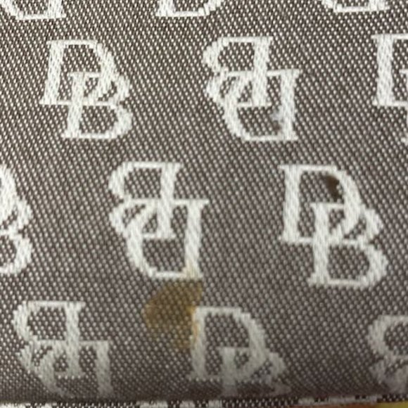 Dooney & Bourke cloth signature handbag/purse w leather straps. Light brown/tan. - Picture 10 of 11